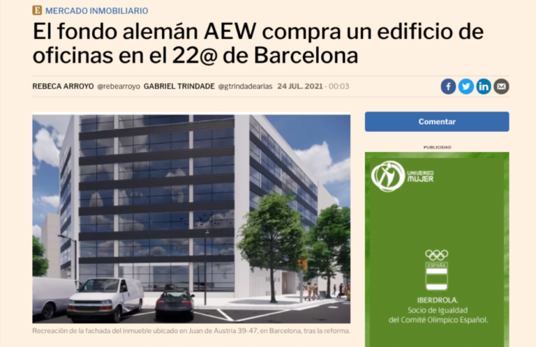 TC Gabinete Inmobiliario asesora al fondo alemán AEW en la compra de un edificio de oficinas a AKM Real Estate en 22@ Barcelona.