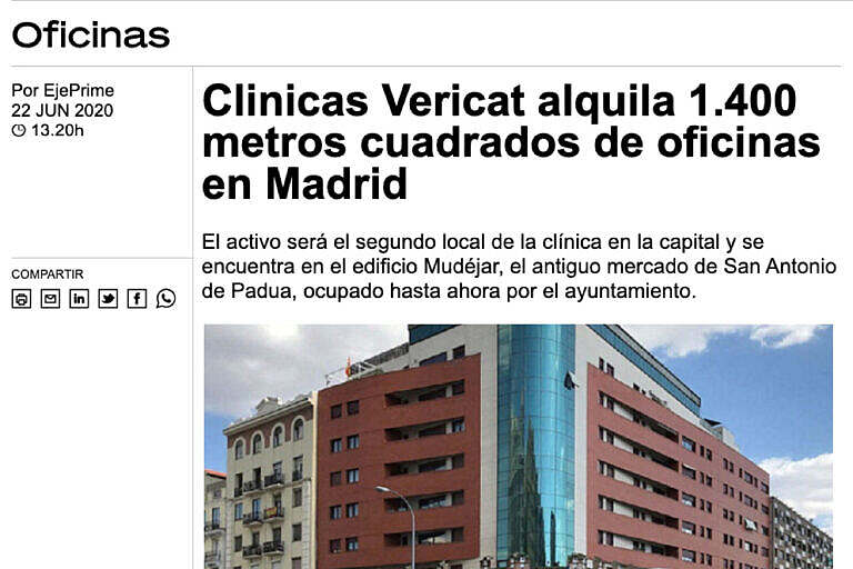 TC Gabinete Inmobiliario asesora a Clínicas Vericat en el arrendamiento en la calle Reina Victoria 7