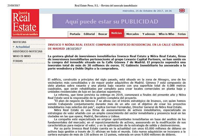 TC Gabinete Inmobiliario asesora la compra del edificio Genova 7