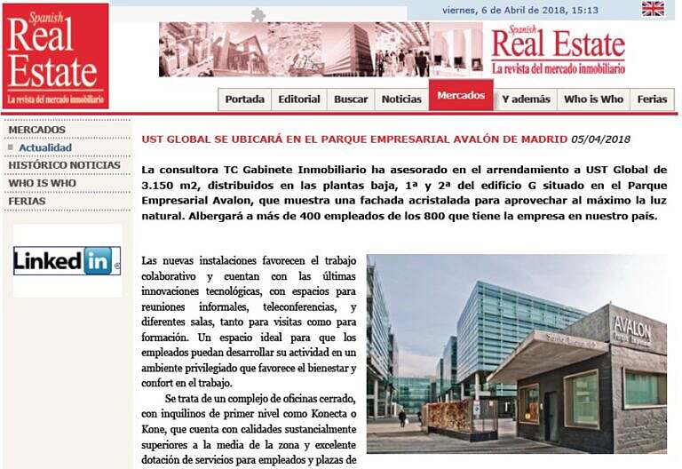 TC Gabinete Inmobiliario asesora a UST Global en el arrendamiento de sus nuevas oficinas