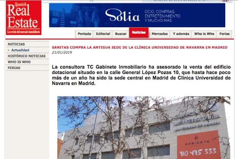 TC Gabinete Inmobiliario asesora la venta del edificio dotacional en la C/ General López Pozas 10, antigua sede de la Clínica Universitaria de Navarra.