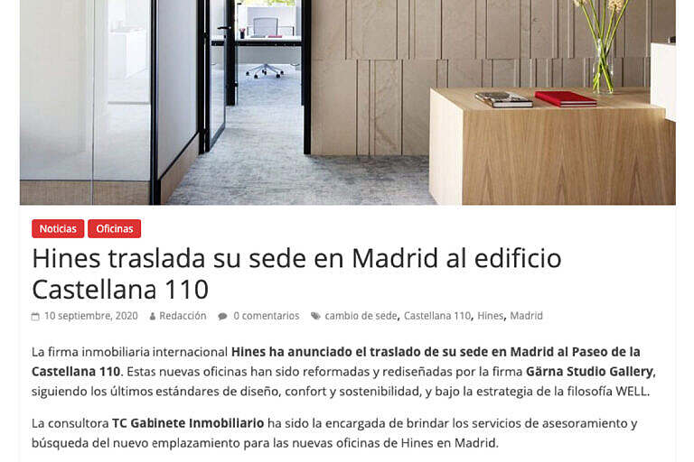 TC Gabinete Inmobiliario asesora a Hines, que traslada su sede en Madrid al Paseo de la Castellana 110